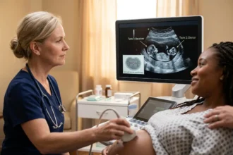 Close-up fotográfico focado em uma tela de ultrassom de alta definição em um consultório médico acolhedor. A tela mostra uma imagem nítida de fetos gêmeos monocoriônicos (que dividem a placenta) com uma anotação médica discreta indicando 'STFF'. Em segundo plano, desfocadas (bokeh), vemos as mãos de uma obstetra loira segurando o transdutor na barriga de uma gestante parda com tranças, que sorri suavemente. A luz natural morna dá um tom de esperança à cena