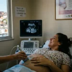 Fotografia horizontal em plano médio de uma sala de exames de ultrassom em uma unidade de saúde brasileira (Rio de Janeiro). Uma gestante parda está deitada, sorrindo emocionada enquanto olha para um monitor médico moderno. O monitor exibe a imagem nítida de um ultrassom de 12 semanas, mostrando um feto em desenvolvimento. Ao lado, uma profissional de saúde uniformizada realiza o exame com o transdutor sobre a barriga da paciente. Pela janela ao fundo, vê-se uma paisagem urbana brasileira com casas em morros e céu claro. A cena transmite esperança, tecnologia e humanização no pré-natal