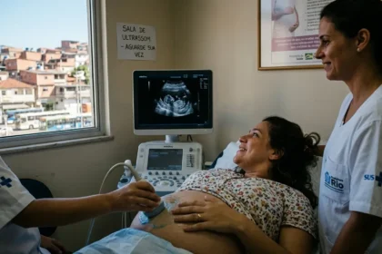 Fotografia horizontal em plano médio de uma sala de exames de ultrassom em uma unidade de saúde brasileira (Rio de Janeiro). Uma gestante parda está deitada, sorrindo emocionada enquanto olha para um monitor médico moderno. O monitor exibe a imagem nítida de um ultrassom de 12 semanas, mostrando um feto em desenvolvimento. Ao lado, uma profissional de saúde uniformizada realiza o exame com o transdutor sobre a barriga da paciente. Pela janela ao fundo, vê-se uma paisagem urbana brasileira com casas em morros e céu claro. A cena transmite esperança, tecnologia e humanização no pré-natal