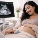 Mãe oriental observando ultrassom realista de feto com osso nasal para exame de translucência nucal entre 11 e 14 semanas de gestação