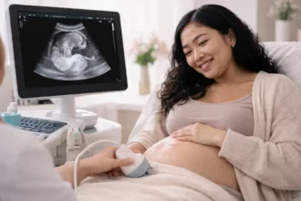 Mãe oriental observando ultrassom realista de feto com osso nasal para exame de translucência nucal entre 11 e 14 semanas de gestação