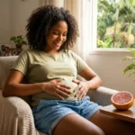 Foto de gestante parda brasileira com 12 semanas, sentada e acariciando a barriga sutil. Ela sorri suavemente. Ao lado, em uma mesa, uma laranja cortada ao meio ilustra o tamanho do útero na fase em que ele sai da pélvis. A cena é uma sala de estar acolhedora com luz natural e uma samambaia, simbolizando as mudanças anatômicas e o conforto do lar. Imagem foca no acolhimento e na comparação biológica