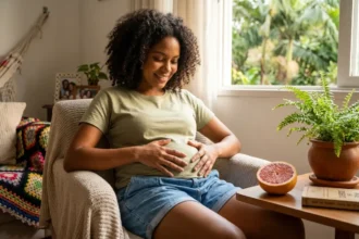 Foto de gestante parda brasileira com 12 semanas, sentada e acariciando a barriga sutil. Ela sorri suavemente. Ao lado, em uma mesa, uma laranja cortada ao meio ilustra o tamanho do útero na fase em que ele sai da pélvis. A cena é uma sala de estar acolhedora com luz natural e uma samambaia, simbolizando as mudanças anatômicas e o conforto do lar. Imagem foca no acolhimento e na comparação biológica