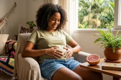 Foto de gestante parda brasileira com 12 semanas, sentada e acariciando a barriga sutil. Ela sorri suavemente. Ao lado, em uma mesa, uma laranja cortada ao meio ilustra o tamanho do útero na fase em que ele sai da pélvis. A cena é uma sala de estar acolhedora com luz natural e uma samambaia, simbolizando as mudanças anatômicas e o conforto do lar. Imagem foca no acolhimento e na comparação biológica