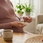 Mulher grávida em ambiente doméstico iluminado, segurando um frasco de suplemento de ácido fólico e uma pequena pílula amarela. Sobre a mesa, há frutas frescas e uma xícara, simbolizando o cuidado contínuo com a saúde pré-natal durante todos os trimestres da gestação