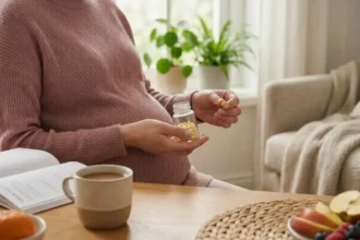 Mulher grávida em ambiente doméstico iluminado, segurando um frasco de suplemento de ácido fólico e uma pequena pílula amarela. Sobre a mesa, há frutas frescas e uma xícara, simbolizando o cuidado contínuo com a saúde pré-natal durante todos os trimestres da gestação