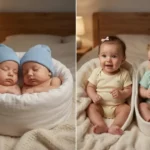 Fotografia acolhedora em tons de azul e roxo, dividida ao meio. Na esquerda, dois bebês exatamente iguais dormem em um berço suave, representando gêmeos univitelinos. Na direita, dois bebês claramente diferentes em roupas de cores distintas dormem em outro berço, representando gêmeos bivitelinos. No fundo, a hélice de DNA humanizada e brilhante conecta os dois lados, com estrelas e luas