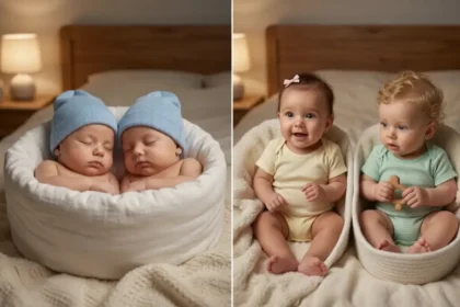 Fotografia acolhedora em tons de azul e roxo, dividida ao meio. Na esquerda, dois bebês exatamente iguais dormem em um berço suave, representando gêmeos univitelinos. Na direita, dois bebês claramente diferentes em roupas de cores distintas dormem em outro berço, representando gêmeos bivitelinos. No fundo, a hélice de DNA humanizada e brilhante conecta os dois lados, com estrelas e luas