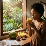 Gestante negra brasileira com expressão surpresa segura um limão cortado. Ondas de cheiro bioluminescentes flutuam da fruta em direção ao nariz, ilustrando a Hiperosmia. Estas ondas contêm símbolos moleculares científicos e de proteção. No balcão de uma cozinha iluminada, há um livro de anatomia sobre a ferramenta evolutiva do olfato na gravidez. A imagem simboliza como o superolfato protege a vida no útero. Foco na sensibilidade sensorial e ciência