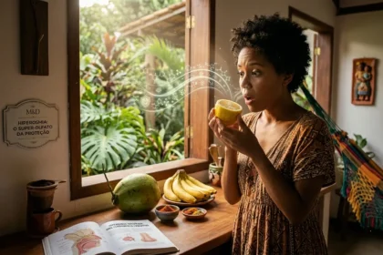 Gestante negra brasileira com expressão surpresa segura um limão cortado. Ondas de cheiro bioluminescentes flutuam da fruta em direção ao nariz, ilustrando a Hiperosmia. Estas ondas contêm símbolos moleculares científicos e de proteção. No balcão de uma cozinha iluminada, há um livro de anatomia sobre a ferramenta evolutiva do olfato na gravidez. A imagem simboliza como o superolfato protege a vida no útero. Foco na sensibilidade sensorial e ciência