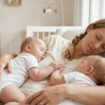 Fotografia afetiva em um quarto de bebê de gêmeos iluminado pelo sol da tarde. Uma mãe de gêmeos dormindo profundamente, aninhada em um sofá confortável com seus dois bebês (aprox. 6 meses) também dormindo profundamente contra seu peito, um de cada lado. Seus rostos estão serenos e próximos, transmitindo paz, conexão fisiológica mútua e segurança durante o sono. A imagem foca na intimidade e na conexão entre o peito da mãe e os corpos dos bebês
