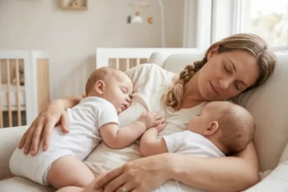 Fotografia afetiva em um quarto de bebê de gêmeos iluminado pelo sol da tarde. Uma mãe de gêmeos dormindo profundamente, aninhada em um sofá confortável com seus dois bebês (aprox. 6 meses) também dormindo profundamente contra seu peito, um de cada lado. Seus rostos estão serenos e próximos, transmitindo paz, conexão fisiológica mútua e segurança durante o sono. A imagem foca na intimidade e na conexão entre o peito da mãe e os corpos dos bebês