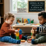 Dois bebês gêmeos de etnias diferentes (um branco e um negro) brincam lado a lado em um tapete. Ao fundo, um quadro negro exibe o título: "Gêmeos de pais diferentes? A ciência da superfecundação". No cenário, um móbile decorativo de DNA simboliza a genética. A imagem ilustra o caso raro de superfecundação heteropaternal, onde dois óvulos são fecundados por espermatozoides de homens distintos na mesma ovulação