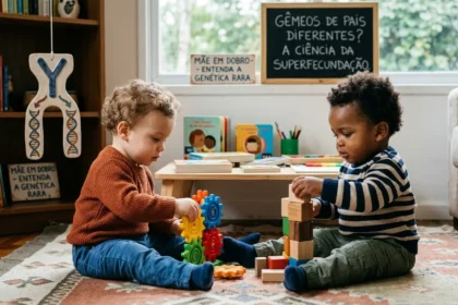 Dois bebês gêmeos de etnias diferentes (um branco e um negro) brincam lado a lado em um tapete. Ao fundo, um quadro negro exibe o título: "Gêmeos de pais diferentes? A ciência da superfecundação". No cenário, um móbile decorativo de DNA simboliza a genética. A imagem ilustra o caso raro de superfecundação heteropaternal, onde dois óvulos são fecundados por espermatozoides de homens distintos na mesma ovulação