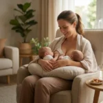 Mãe sorridente amamentando gêmeos em poltrona confortável, com mesa lateral contendo frutas e lanches saudáveis para energia e saúde