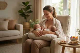 Mãe sorridente amamentando gêmeos em poltrona confortável, com mesa lateral contendo frutas e lanches saudáveis para energia e saúde