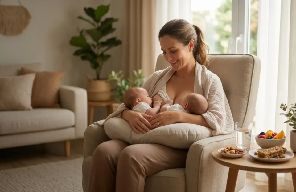 Mãe sorridente amamentando gêmeos em poltrona confortável, com mesa lateral contendo frutas e lanches saudáveis para energia e saúde