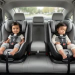 Fotografia realista do interior de um carro moderno mostrando duas cadeirinhas de segurança instaladas lado a lado no banco traseiro. Dentro das cadeirinhas, dois bebês gêmeos estão presos com cintos de segurança de cinco pontos; um bebê sorri e o outro dorme. O ambiente é seguro, iluminado e focado na otimização do espaço interno