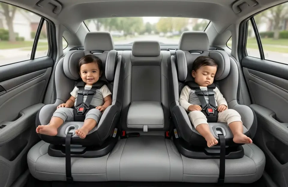 Fotografia realista do interior de um carro moderno mostrando duas cadeirinhas de segurança instaladas lado a lado no banco traseiro. Dentro das cadeirinhas, dois bebês gêmeos estão presos com cintos de segurança de cinco pontos; um bebê sorri e o outro dorme. O ambiente é seguro, iluminado e focado na otimização do espaço interno