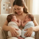 Fotografia realista em plano médio de uma mãe sentada em uma poltrona, segurando dois bebês gêmeos recém-nascidos contra o peito. Os bebês estão envoltos em mantas listradas, dormindo calmamente com as mãos próximas, simbolizando a conexão e o afeto espelhado