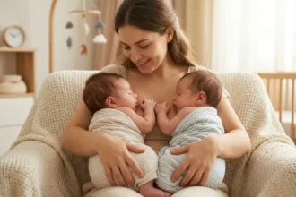 Fotografia realista em plano médio de uma mãe sentada em uma poltrona, segurando dois bebês gêmeos recém-nascidos contra o peito. Os bebês estão envoltos em mantas listradas, dormindo calmamente com as mãos próximas, simbolizando a conexão e o afeto espelhado