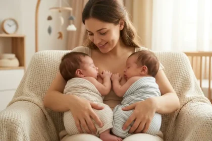 Fotografia realista em plano médio de uma mãe sentada em uma poltrona, segurando dois bebês gêmeos recém-nascidos contra o peito. Os bebês estão envoltos em mantas listradas, dormindo calmamente com as mãos próximas, simbolizando a conexão e o afeto espelhado