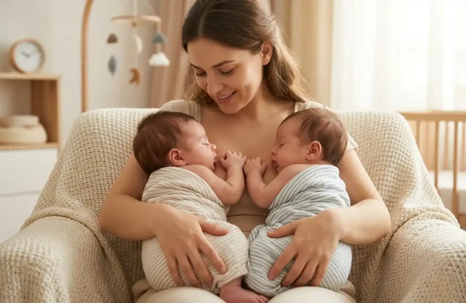 Fotografia realista em plano médio de uma mãe sentada em uma poltrona, segurando dois bebês gêmeos recém-nascidos contra o peito. Os bebês estão envoltos em mantas listradas, dormindo calmamente com as mãos próximas, simbolizando a conexão e o afeto espelhado