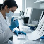 Uma cientista de jaleco branco e máscara manuseia uma pipeta de precisão em um laboratório de genética. Ao lado, um gráfico de sequenciamento de DNA compara amostras rotuladas como Gêmeo A e Gêmeo B, ilustrando a busca por diferenças genéticas