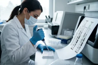 Uma cientista de jaleco branco e máscara manuseia uma pipeta de precisão em um laboratório de genética. Ao lado, um gráfico de sequenciamento de DNA compara amostras rotuladas como Gêmeo A e Gêmeo B, ilustrando a busca por diferenças genéticas