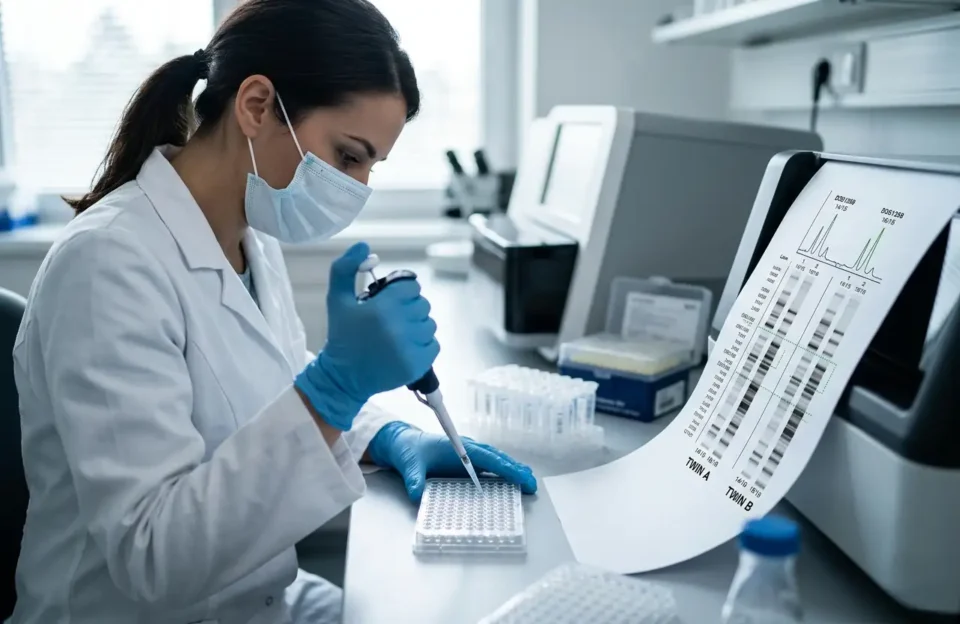 Uma cientista de jaleco branco e máscara manuseia uma pipeta de precisão em um laboratório de genética. Ao lado, um gráfico de sequenciamento de DNA compara amostras rotuladas como Gêmeo A e Gêmeo B, ilustrando a busca por diferenças genéticas