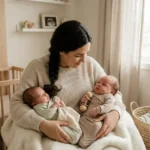 Fotografia realista de uma mãe sentada em um quarto de bebê, segurando dois gêmeos recém-nascidos no colo que apresentam tamanhos e pesos diferentes