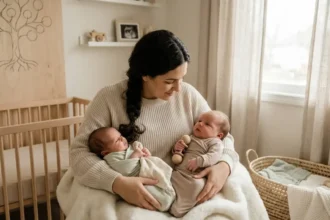 Fotografia realista de uma mãe sentada em um quarto de bebê, segurando dois gêmeos recém-nascidos no colo que apresentam tamanhos e pesos diferentes