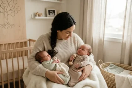 Fotografia realista de uma mãe sentada em um quarto de bebê, segurando dois gêmeos recém-nascidos no colo que apresentam tamanhos e pesos diferentes
