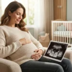 Uma gestante sorridente sentada em uma poltrona, com as mãos sobre a barriga, olhando para uma foto de ultrassom de gêmeos que está em seu colo. Ao lado, em uma mesa, um calendário indica a marca da 13ª semana. O ambiente é acolhedor, iluminado pela luz natural de uma janela, transmitindo tranquilidade e segurança