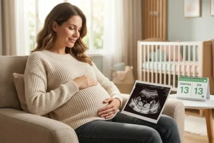 Uma gestante sorridente sentada em uma poltrona, com as mãos sobre a barriga, olhando para uma foto de ultrassom de gêmeos que está em seu colo. Ao lado, em uma mesa, um calendário indica a marca da 13ª semana. O ambiente é acolhedor, iluminado pela luz natural de uma janela, transmitindo tranquilidade e segurança