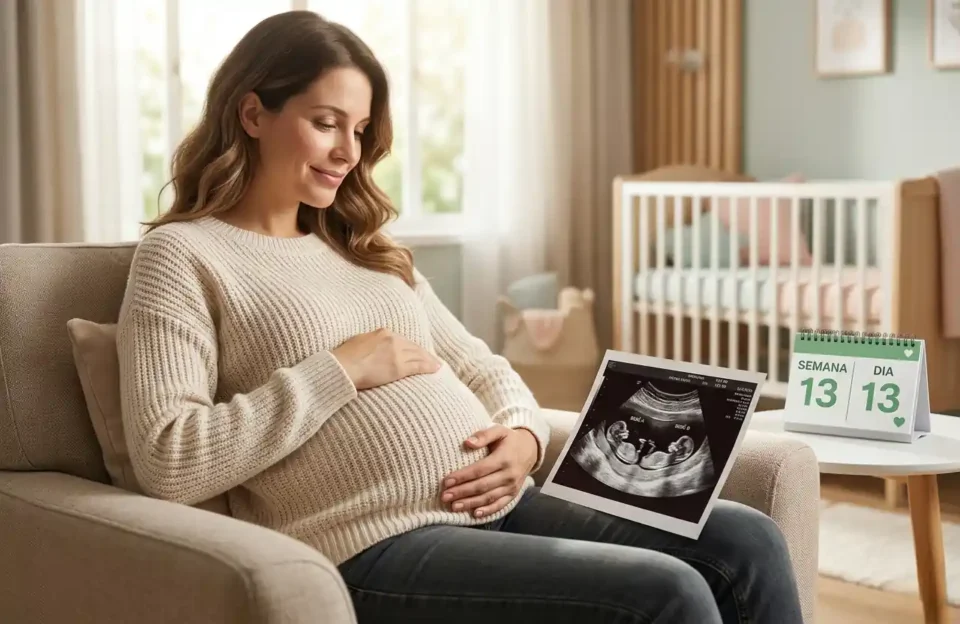 Uma gestante sorridente sentada em uma poltrona, com as mãos sobre a barriga, olhando para uma foto de ultrassom de gêmeos que está em seu colo. Ao lado, em uma mesa, um calendário indica a marca da 13ª semana. O ambiente é acolhedor, iluminado pela luz natural de uma janela, transmitindo tranquilidade e segurança