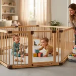 Visão ampla de um cercadinho de madeira amplo e modular montado em uma sala de estar iluminada. Dentro, dois bebês gêmeos brincam sentados sobre um tapete emborrachado cinza com brinquedos educativos. Uma mãe sorridente está ao lado, organizando cestos de brinquedos. O ambiente é seguro, organizado e focado na otimização de espaço para múltiplos