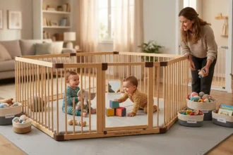 Visão ampla de um cercadinho de madeira amplo e modular montado em uma sala de estar iluminada. Dentro, dois bebês gêmeos brincam sentados sobre um tapete emborrachado cinza com brinquedos educativos. Uma mãe sorridente está ao lado, organizando cestos de brinquedos. O ambiente é seguro, organizado e focado na otimização de espaço para múltiplos