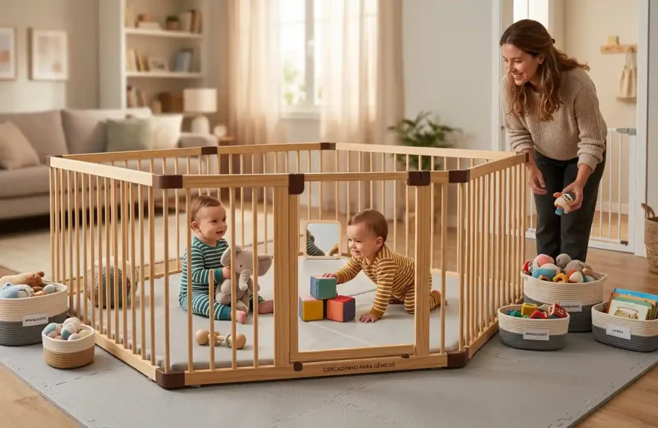 Visão ampla de um cercadinho de madeira amplo e modular montado em uma sala de estar iluminada. Dentro, dois bebês gêmeos brincam sentados sobre um tapete emborrachado cinza com brinquedos educativos. Uma mãe sorridente está ao lado, organizando cestos de brinquedos. O ambiente é seguro, organizado e focado na otimização de espaço para múltiplos