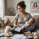 Uma fotografia realista em plano médio de uma mãe de cabelos castanhos, vestindo uma blusa de tricô, sentada em um sofá confortável em uma sala de estar iluminada. Ela está com os olhos fechados, com uma expressão de cansaço e reflexão, segurando uma caneta e um notebook aberto no colo. Ao seu lado, no sofá, um bebê gêmeo dorme em um cueiro branco com bolinhas azuis, enquanto outro bebê está ao lado, alheio. O ambiente transmite uma mistura de paz, cuidado e a exaustão da maternidade de múltiplos