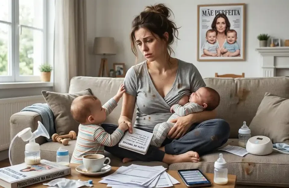 Uma fotografia realista em plano médio de uma mãe de cabelos castanhos, vestindo uma blusa de tricô, sentada em um sofá confortável em uma sala de estar iluminada. Ela está com os olhos fechados, com uma expressão de cansaço e reflexão, segurando uma caneta e um notebook aberto no colo. Ao seu lado, no sofá, um bebê gêmeo dorme em um cueiro branco com bolinhas azuis, enquanto outro bebê está ao lado, alheio. O ambiente transmite uma mistura de paz, cuidado e a exaustão da maternidade de múltiplos