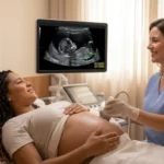 Fotografia realista de uma gestante realizando ultrassom morfológico do primeiro trimestre. Na tela do monitor, observa-se a imagem detalhada do feto com a medição da translucência nucal destacada, enquanto a médica realiza o procedimento