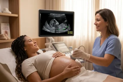 Fotografia realista de uma gestante realizando ultrassom morfológico do primeiro trimestre. Na tela do monitor, observa-se a imagem detalhada do feto com a medição da translucência nucal destacada, enquanto a médica realiza o procedimento