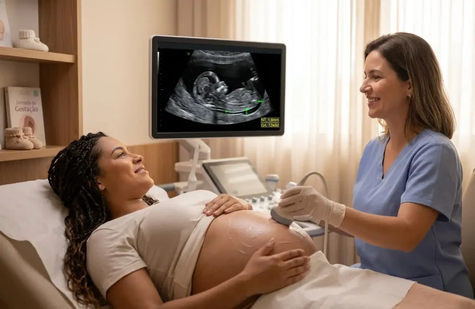 Fotografia realista de uma gestante realizando ultrassom morfológico do primeiro trimestre. Na tela do monitor, observa-se a imagem detalhada do feto com a medição da translucência nucal destacada, enquanto a médica realiza o procedimento