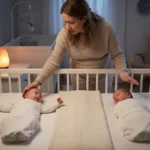 Fotografia de uma mãe de cabelos castanhos, vestindo uma blusa de tricô, em um quarto de bebê à noite com luz suave. Ela está entre dois berços. No berço da esquerda, um bebê recém-nascido em um cueiro branco com listras azuis está assustado, com os braços abertos (Reflexo de Moro), olhando para a mãe que coloca uma mão suave em sua cabeça. No berço da direita, um segundo bebê dorme profundamente em um cueiro branco com bolinhas azuis, alheio ao susto do irmão. O ambiente transmite cuidado e monitoramento