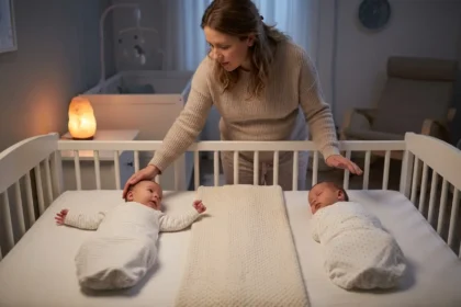 Fotografia de uma mãe de cabelos castanhos, vestindo uma blusa de tricô, em um quarto de bebê à noite com luz suave. Ela está entre dois berços. No berço da esquerda, um bebê recém-nascido em um cueiro branco com listras azuis está assustado, com os braços abertos (Reflexo de Moro), olhando para a mãe que coloca uma mão suave em sua cabeça. No berço da direita, um segundo bebê dorme profundamente em um cueiro branco com bolinhas azuis, alheio ao susto do irmão. O ambiente transmite cuidado e monitoramento