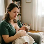 Fotografia realista de uma mulher amamentando um bebê recém-nascido em uma sala de estar. A mãe apresenta uma expressão de melancolia e uma lágrima no rosto, ilustrando o fenômeno biológico D-MER (Reflexo de Ejeção Disfórica)