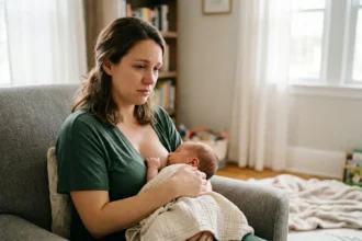 Fotografia realista de uma mulher amamentando um bebê recém-nascido em uma sala de estar. A mãe apresenta uma expressão de melancolia e uma lágrima no rosto, ilustrando o fenômeno biológico D-MER (Reflexo de Ejeção Disfórica)