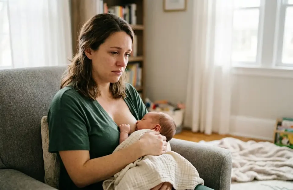Fotografia realista de uma mulher amamentando um bebê recém-nascido em uma sala de estar. A mãe apresenta uma expressão de melancolia e uma lágrima no rosto, ilustrando o fenômeno biológico D-MER (Reflexo de Ejeção Disfórica)